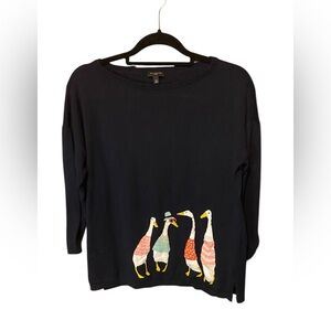 Talbots 3/4 Sleeve Sweater Navy Blue with Ducks or Geese detail, Sz Petite Large